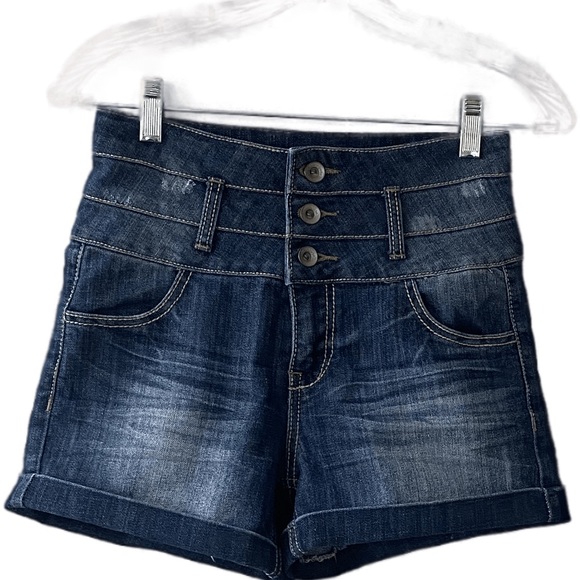 High Rise Blue Jean Shorts Denim Cuffed Hem 3 Button Cute Sexy Fit Dollhouse - Picture 2 of 16